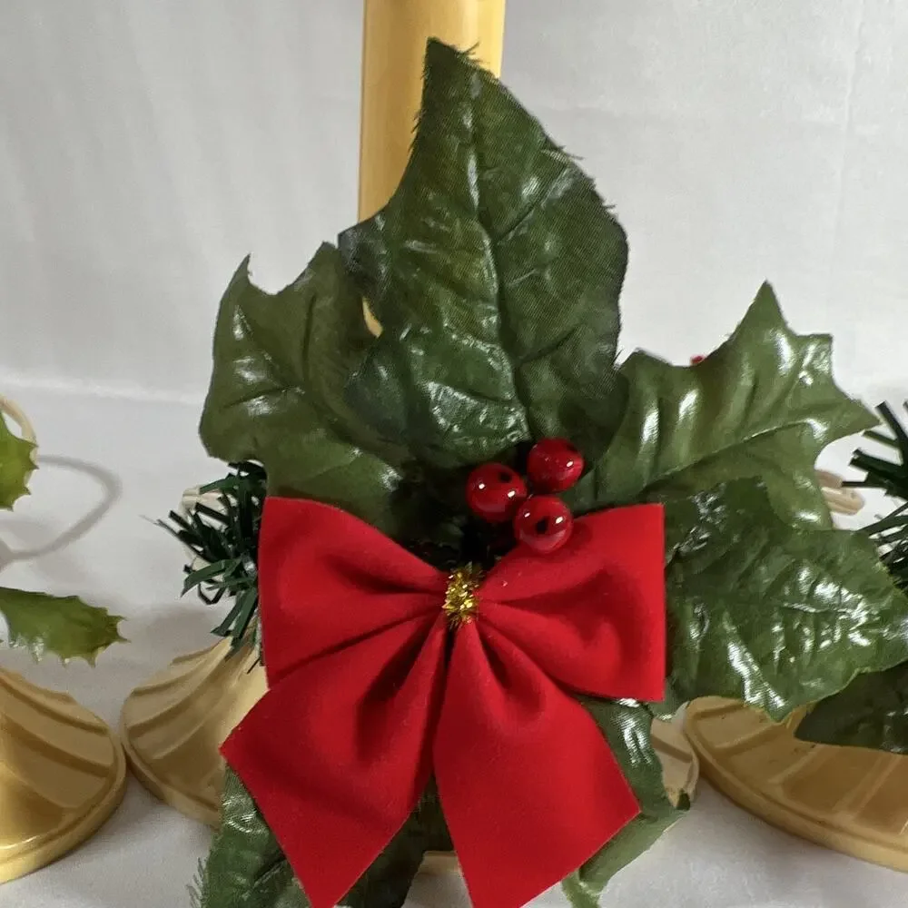 Vintage Set of 4 Plug-In Electric Christmas Window Candle Lights Holly Red Bows